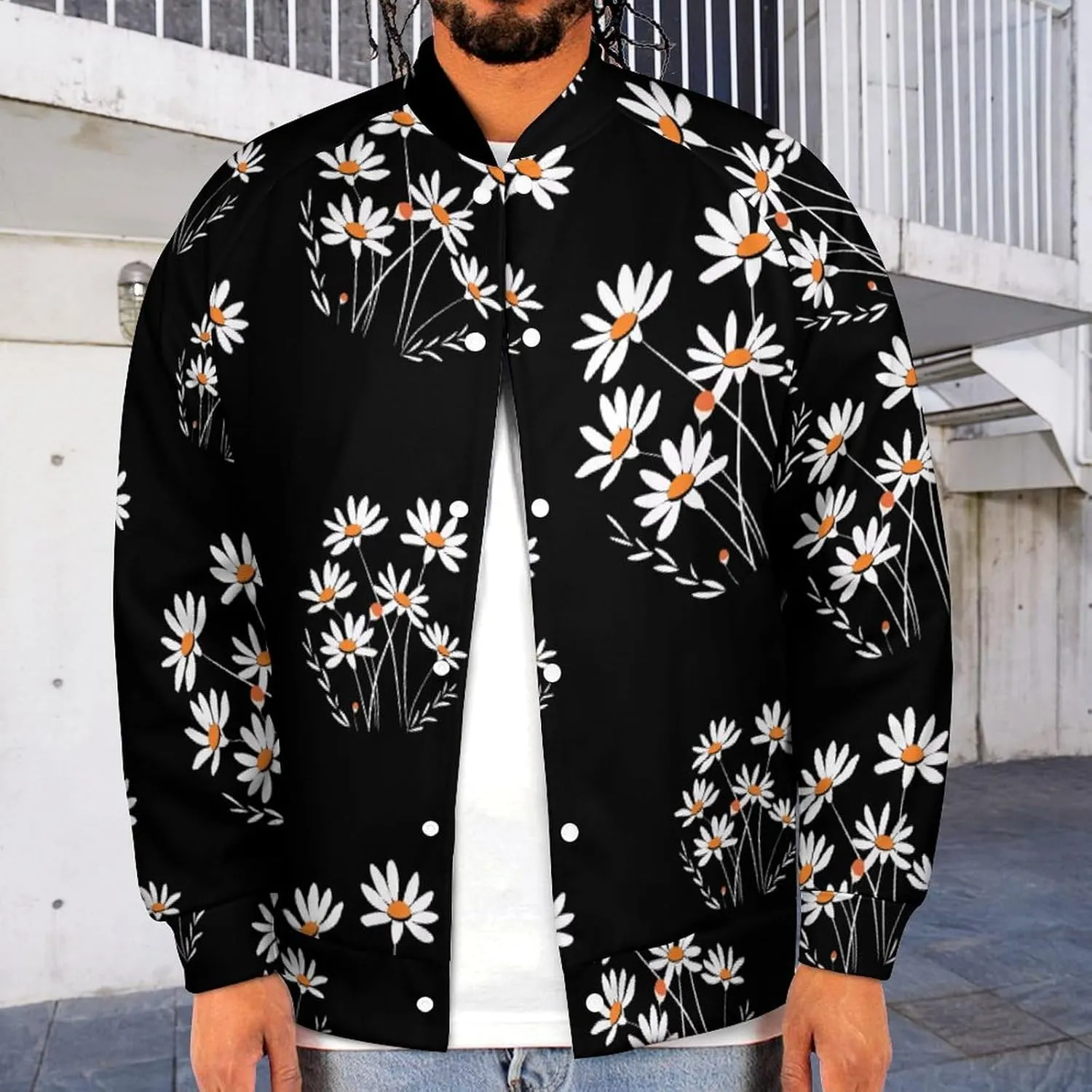 White Daisy Flower Lightweight Men's Baseball Jackets Relaxed Fit Varsity Bomber Jacket Windbreaker Coat