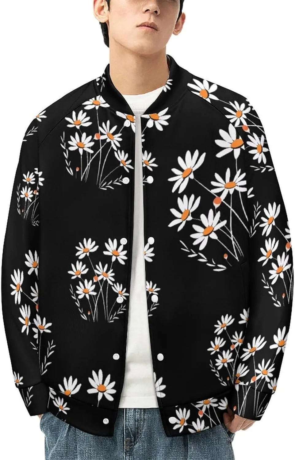 White Daisy Flower Lightweight Men's Baseball Jackets Relaxed Fit Varsity Bomber Jacket Windbreaker Coat