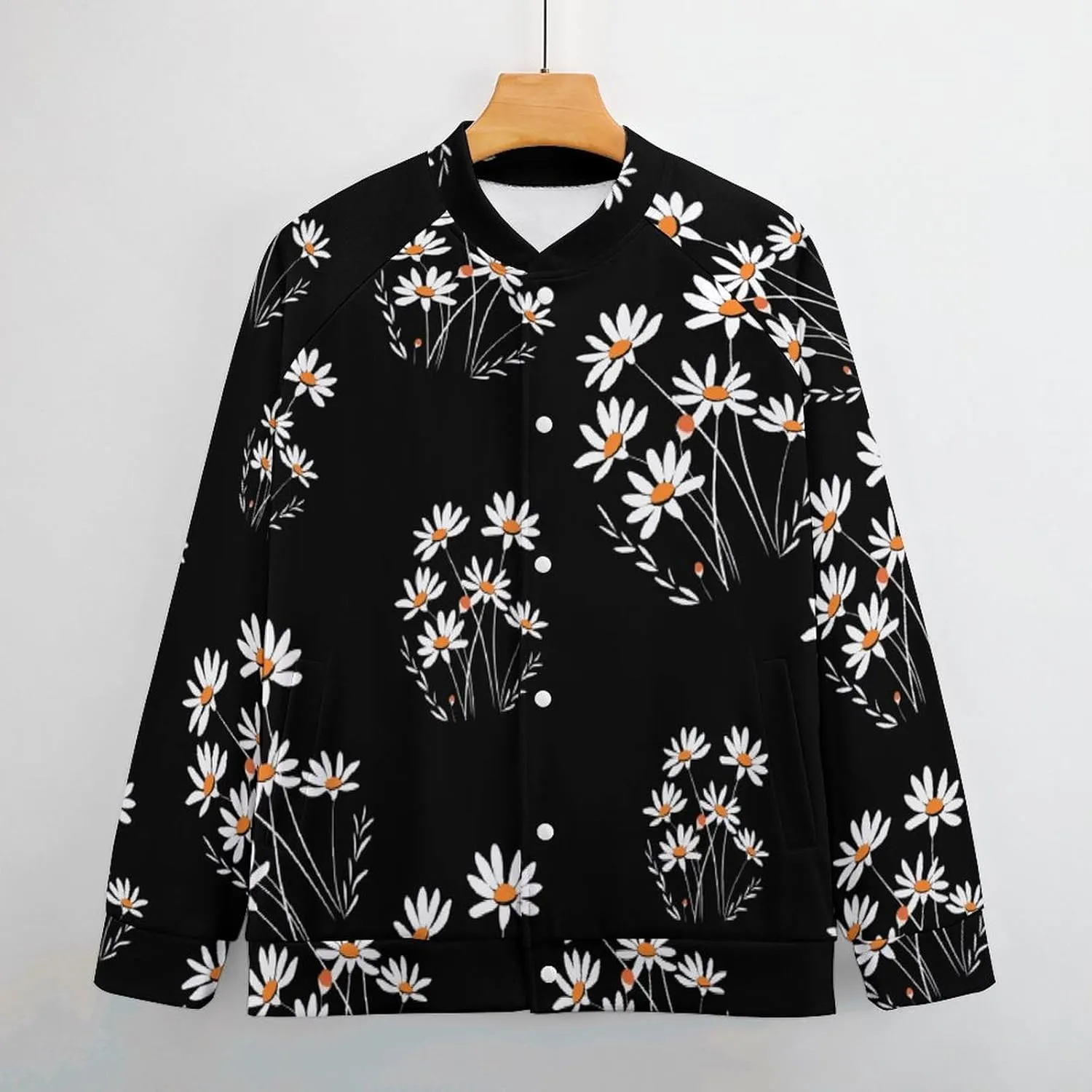 White Daisy Flower Lightweight Men's Baseball Jackets Relaxed Fit Varsity Bomber Jacket Windbreaker Coat