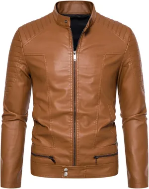 Windbreaker Men Autumn Solid Color Zip PU Leather Jacket Short Lapel Motorcycle Leather Jacket Coat Costume for Men