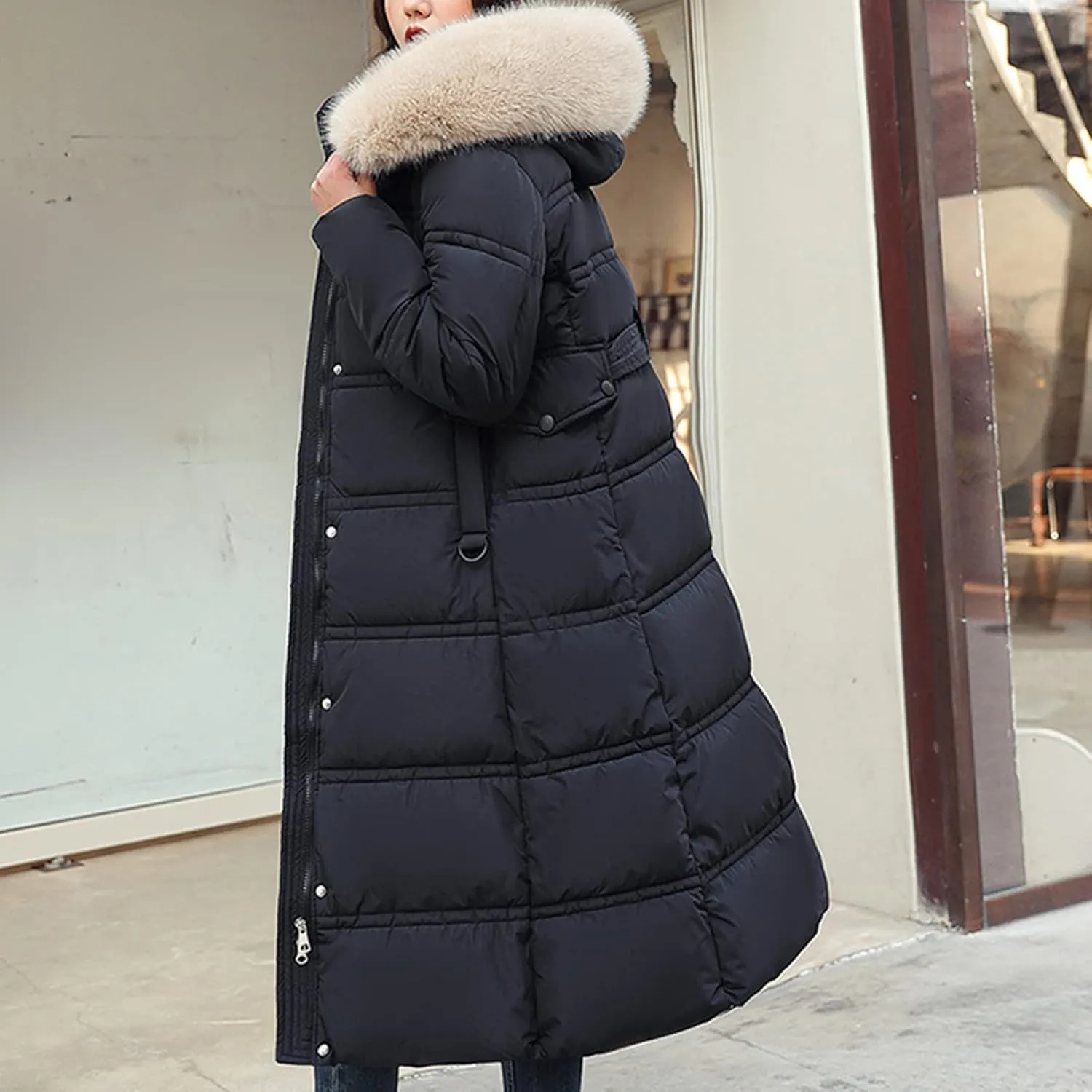 Winter Long down Jacket Coat with Belt for Women Warm Puffy Jackets with Fur Hood Quilted Thick Parka Padding Coats