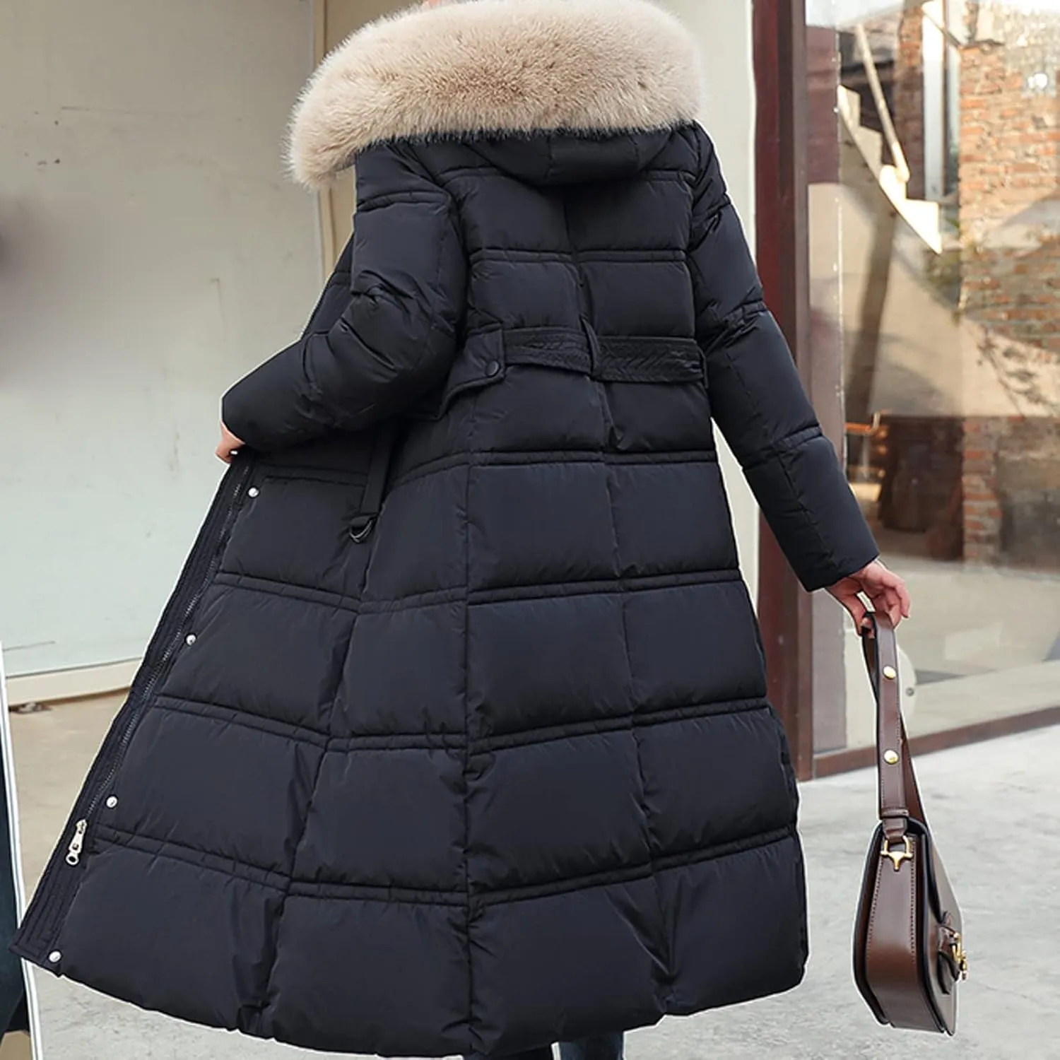Winter Long down Jacket Coat with Belt for Women Warm Puffy Jackets with Fur Hood Quilted Thick Parka Padding Coats