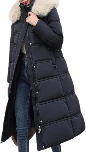 Winter Long down Jacket Coat with Belt for Women Warm Puffy Jackets with Fur Hood Quilted Thick Parka Padding Coats