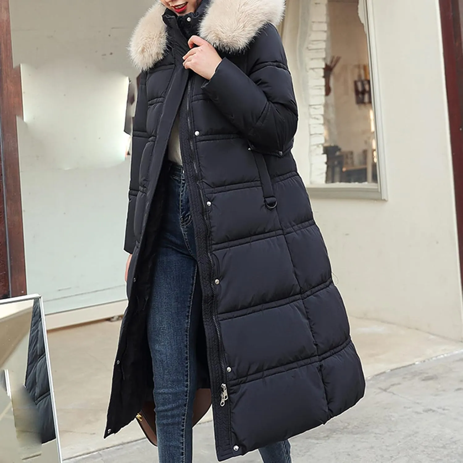 Winter Long down Jacket Coat with Belt for Women Warm Puffy Jackets with Fur Hood Quilted Thick Parka Padding Coats