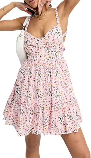 Women Backless Mini Dress Sleeveless Spaghetti Strap Ruffle Hem Floral Print A-Line Dress Short Tank Dress Partywear