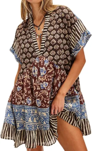 Women Bohemian Floral Mini Dress Y2K Babydoll V Neck Short Dress Loose Fit Patchwork Dress Beach