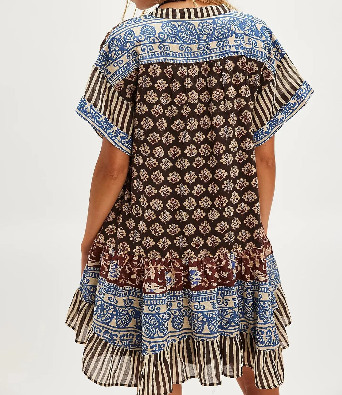 Women Bohemian Floral Mini Dress Y2K Babydoll V Neck Short Dress Loose Fit Patchwork Dress Beach