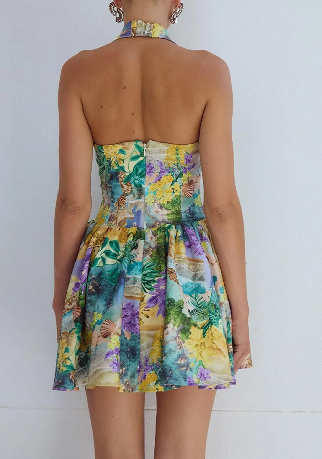 Women Boho Floral Cami Mini Dress Spaghetti Strap Printed A Line Short Dress Graffiti Cut Out Colorful Summer Dress