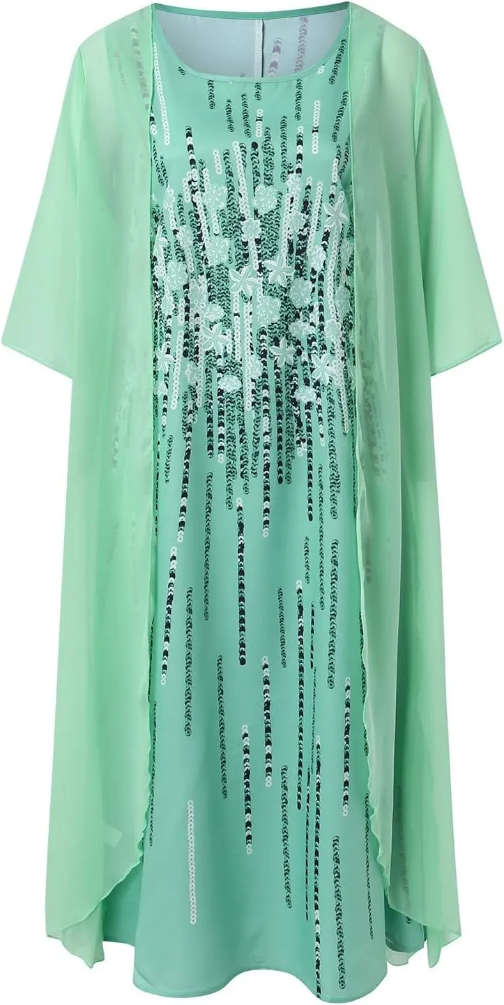 Women Boho Floral Print 2 Piece Set Elegant Flowy Irregular Hem Dress Cardigan Wedding Guest Midi Dresses