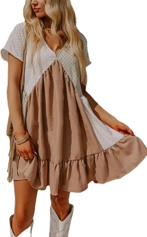 Women Boho Patchwork Mini Dress Y2K Babydoll V Neck Short Dress Loose Short Sleeve Vintage Floral Patchwork Sundress