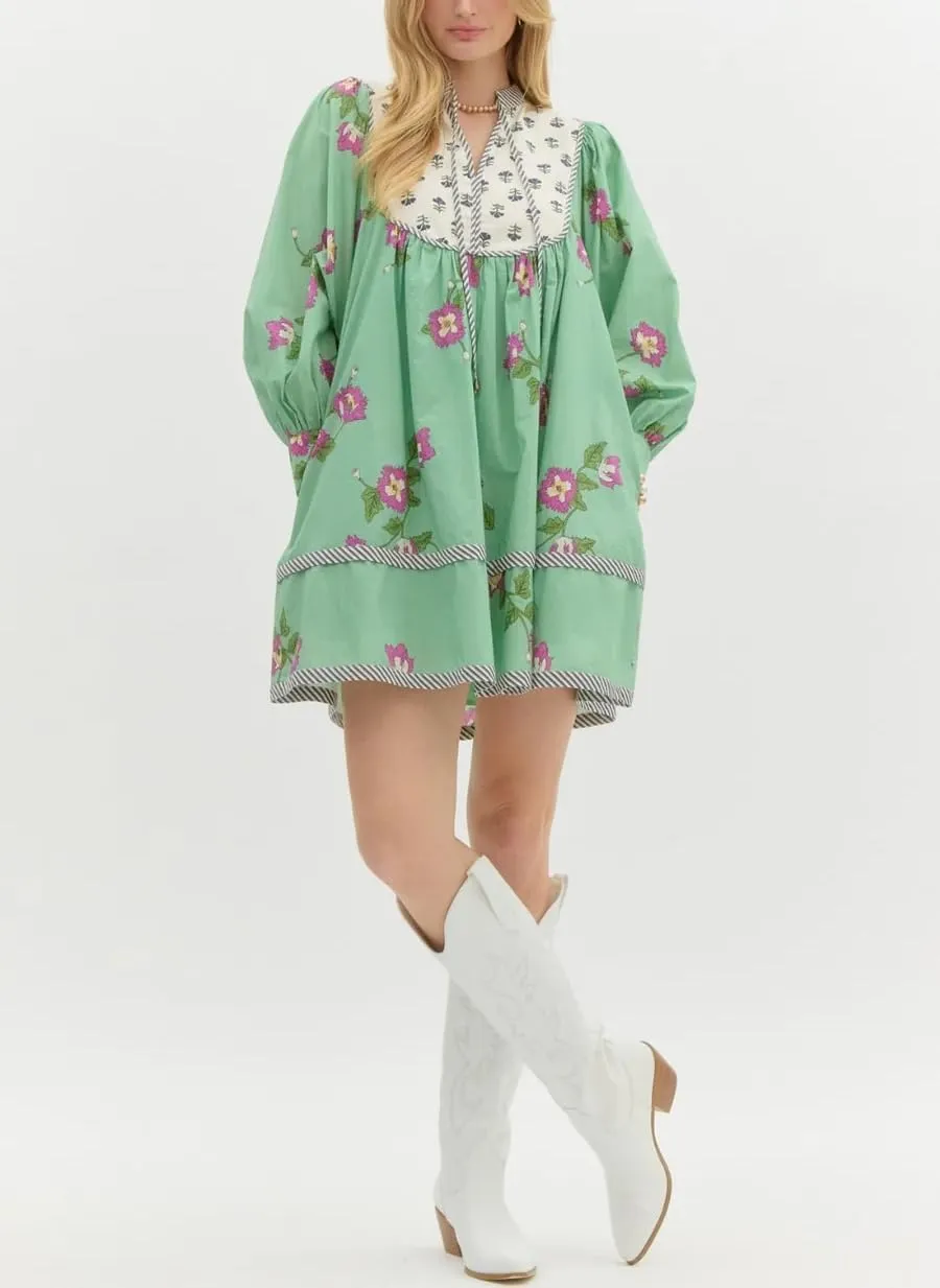 Women Boho Puff Sleeve Floral Mini Dress Y2K Patchwork Babydoll Short Dress Ruffle Long Sleeve Sundresses