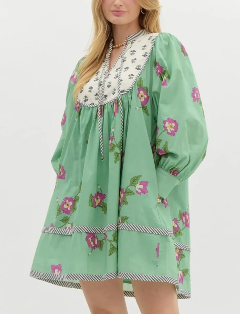 Women Boho Puff Sleeve Floral Mini Dress Y2K Patchwork Babydoll Short Dress Ruffle Long Sleeve Sundresses