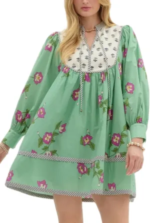 Women Boho Puff Sleeve Floral Mini Dress Y2K Patchwork Babydoll Short Dress Ruffle Long Sleeve Sundresses