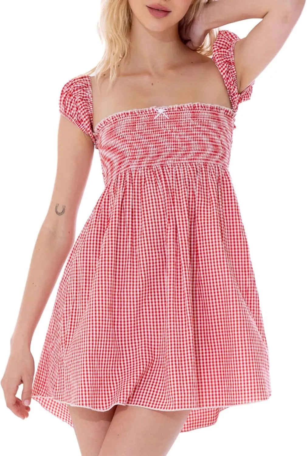 Women Bow Babydoll Mini Dress Spaghetti Strap Ruffle Floral Short Dress Y2k Flowy Sling Dress