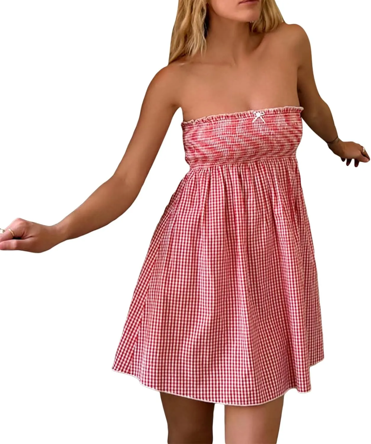 Women Bow Babydoll Mini Dress Spaghetti Strap Ruffle Floral Short Dress Y2k Flowy Sling Dress
