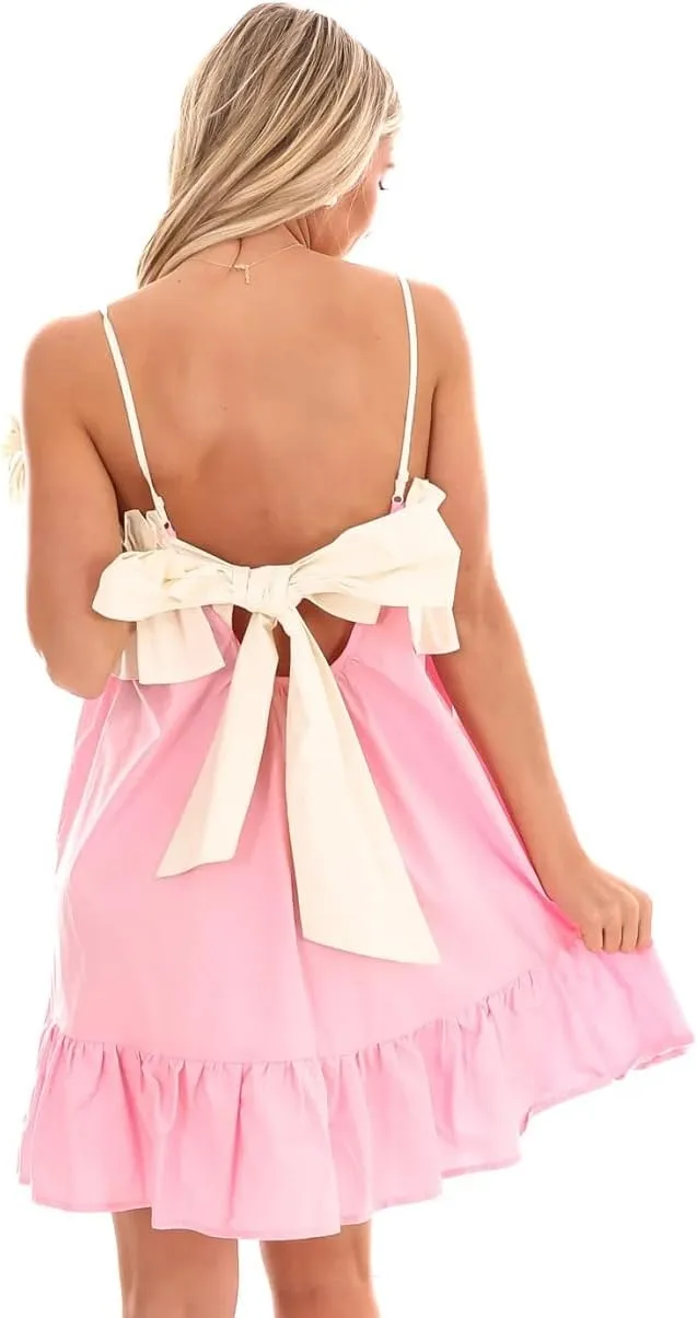 Women Bow Tie Shoulder Mini Dress Y2k Floral Spaghetti Strap Babydoll Dress Boho Swing Sling Short Dress
