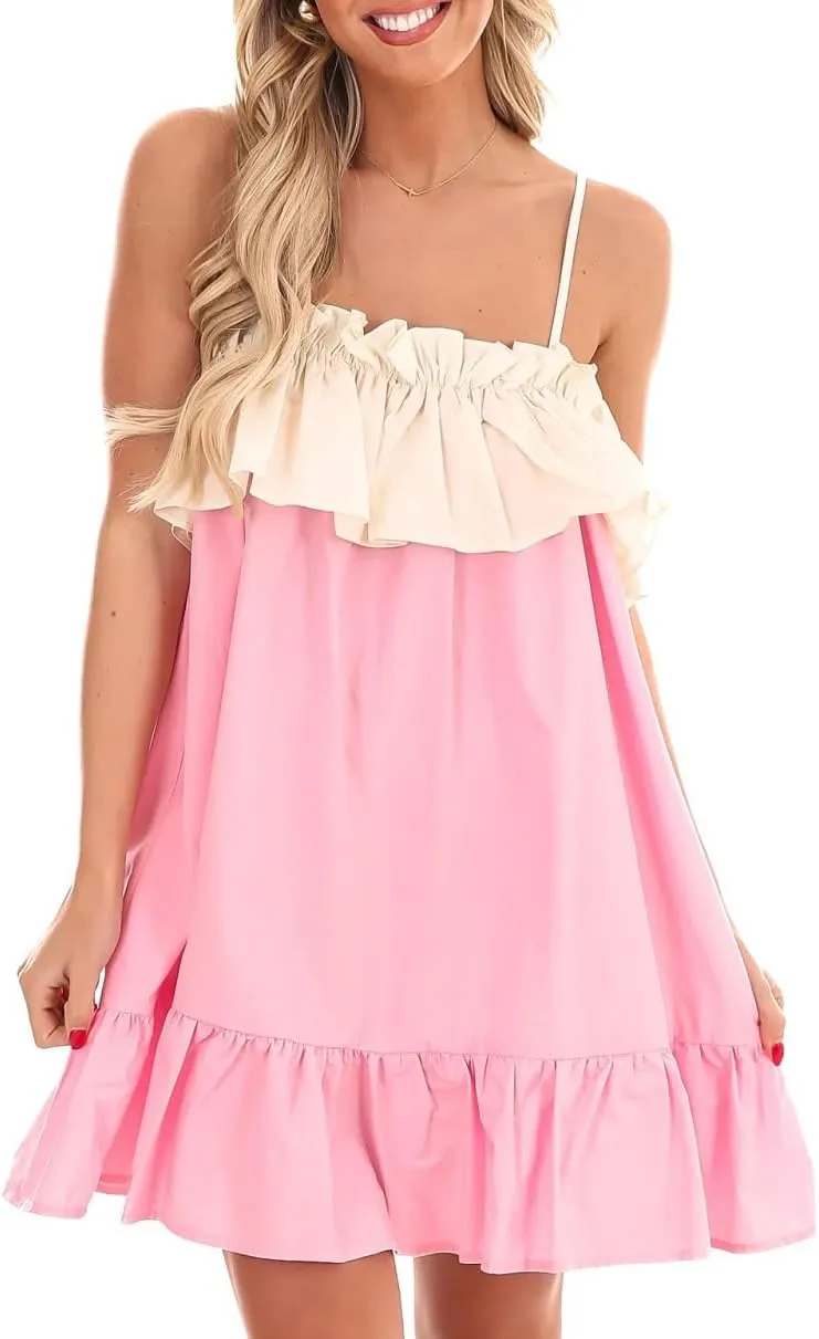 Women Bow Tie Shoulder Mini Dress Y2k Floral Spaghetti Strap Babydoll Dress Boho Swing Sling Short Dress