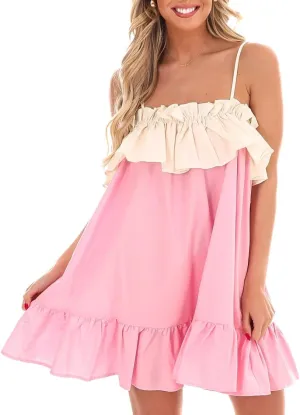 Women Bow Tie Shoulder Mini Dress Y2k Floral Spaghetti Strap Babydoll Dress Boho Swing Sling Short Dress