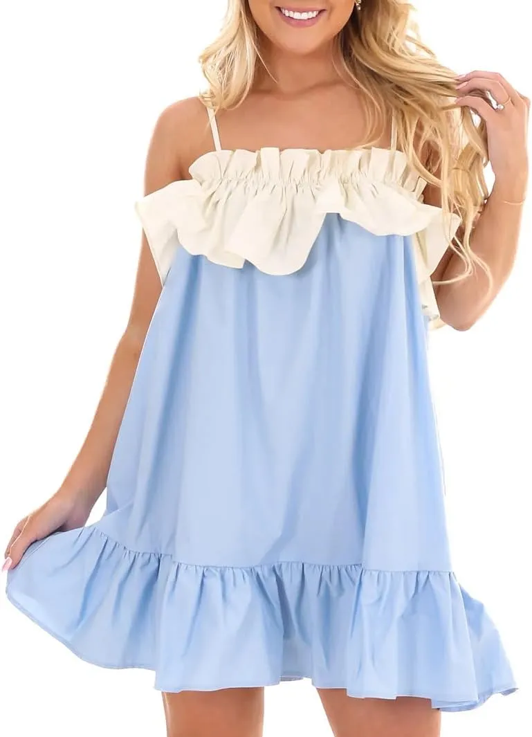 Women Bow Tie Shoulder Mini Dress Y2k Floral Spaghetti Strap Babydoll Dress Boho Swing Sling Short Dress