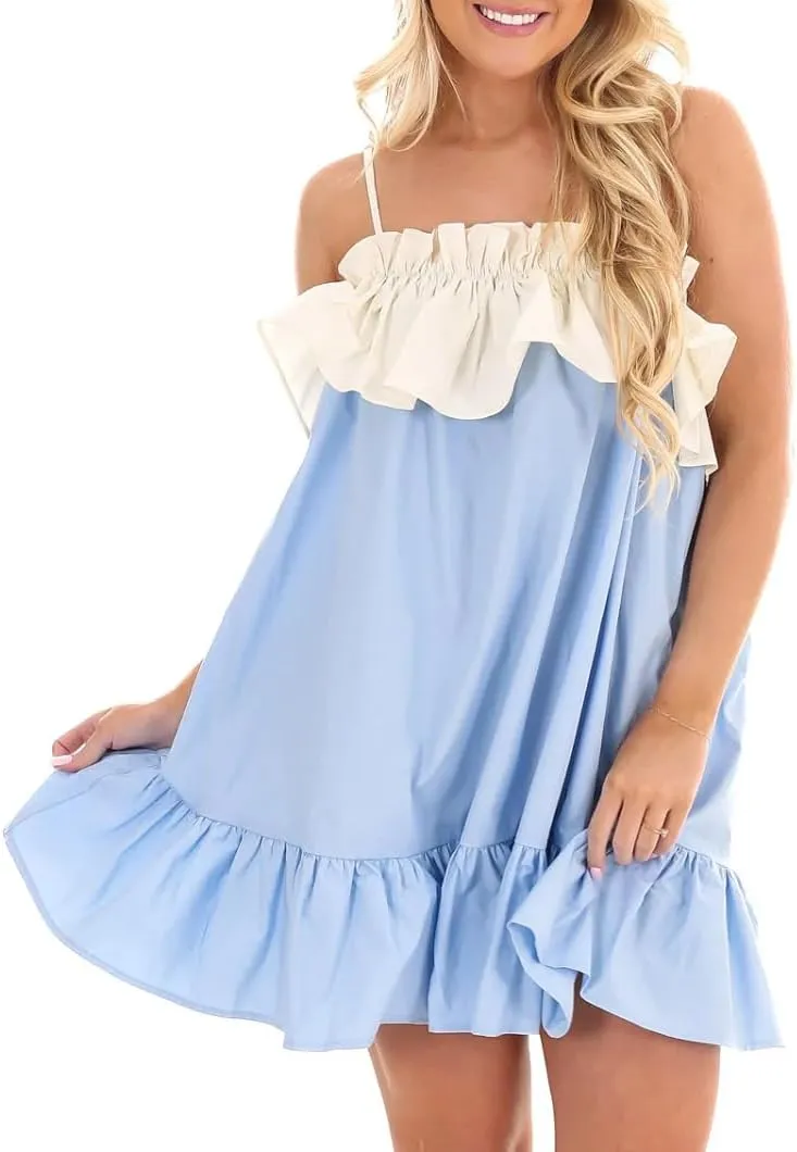Women Bow Tie Shoulder Mini Dress Y2k Floral Spaghetti Strap Babydoll Dress Boho Swing Sling Short Dress