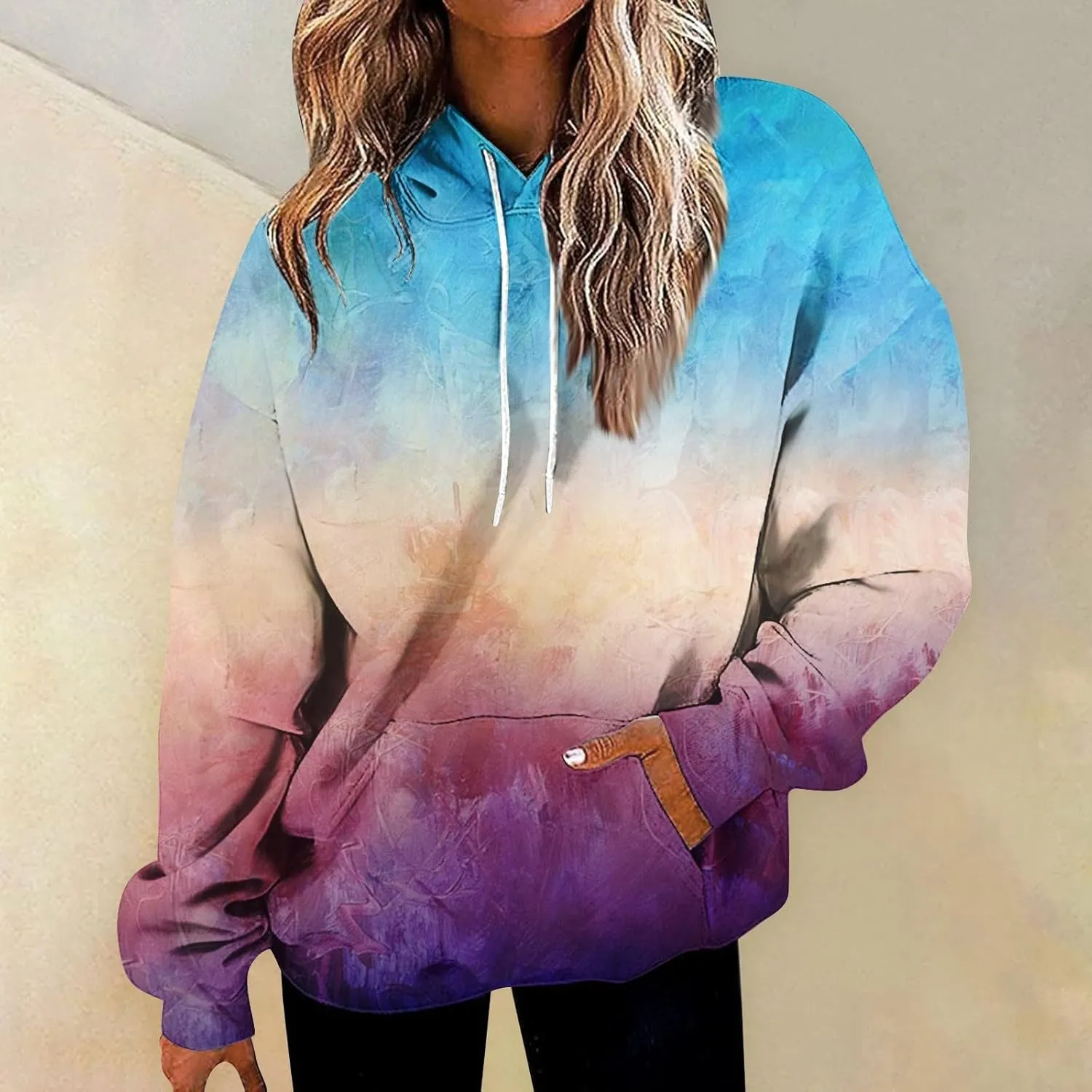 Women Cute Hoodies, Women's Fashion Crewneck Sweatshirts Graphic Daily Long Sleeve Gradient Patchwork Hoodies