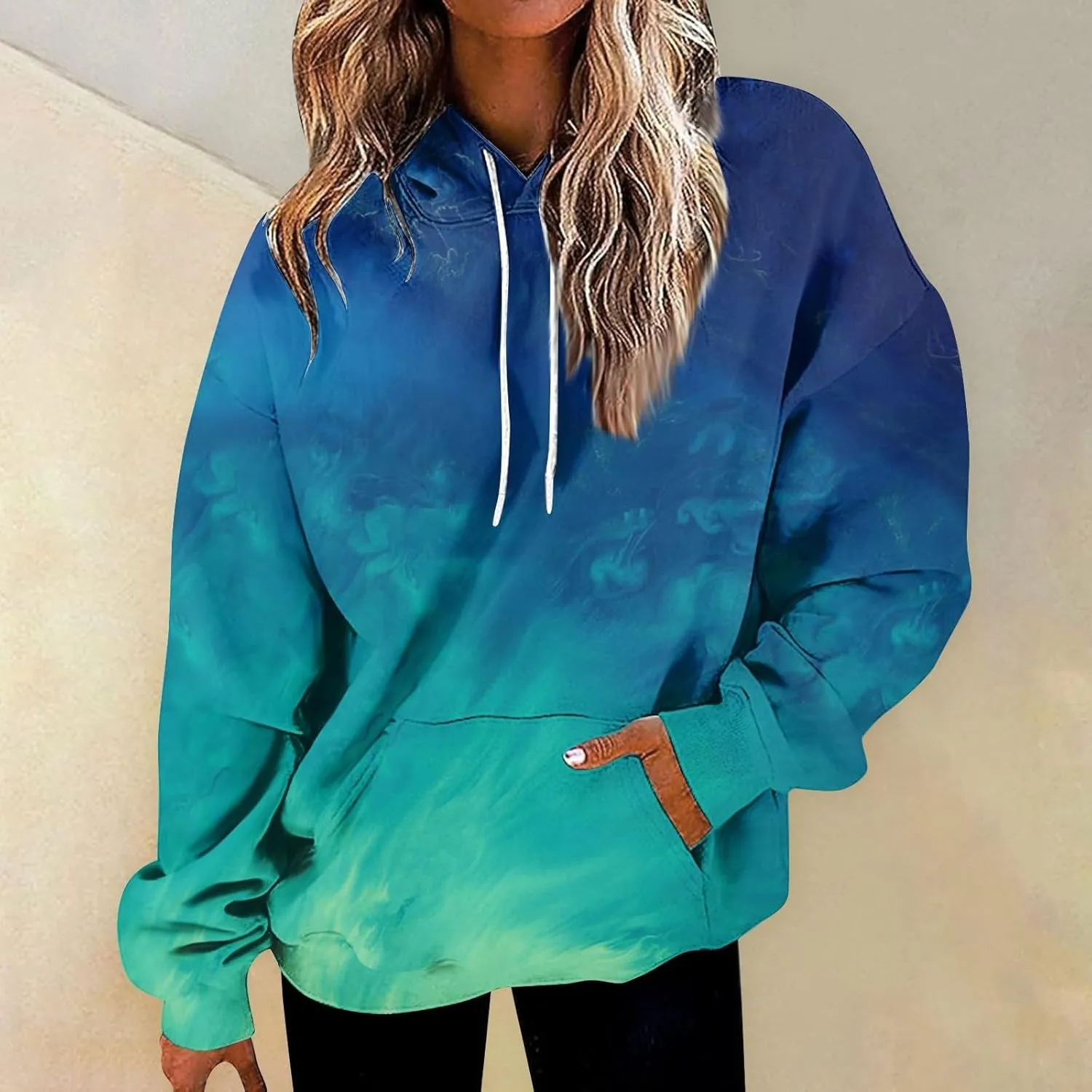 Women Cute Hoodies, Women's Fashion Crewneck Sweatshirts Graphic Daily Long Sleeve Gradient Patchwork Hoodies
