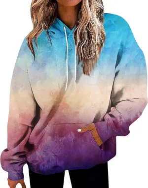 Women Cute Hoodies, Women's Fashion Crewneck Sweatshirts Graphic Daily Long Sleeve Gradient Patchwork Hoodies
