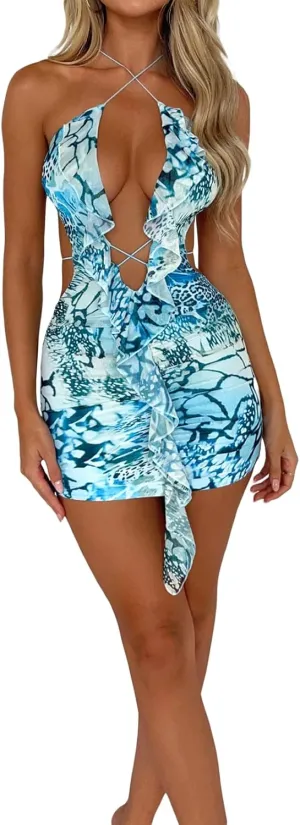 Women Cutout Backless Mini Dress Sexy Sleeveless Spaghetti Strap Bodycon Short Dress Floral Hollow Out Party Dress