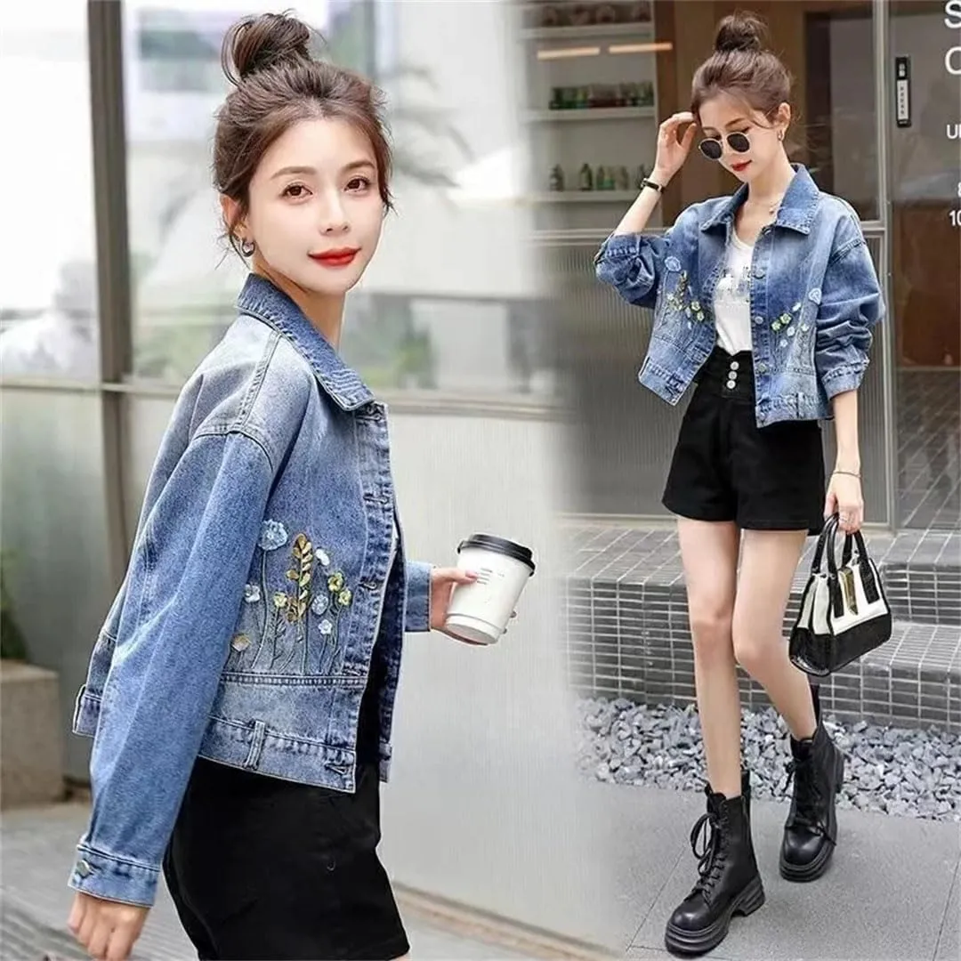 Women Denim Jacket Women Embroidered Denim Short Jacket Denim Coat Top