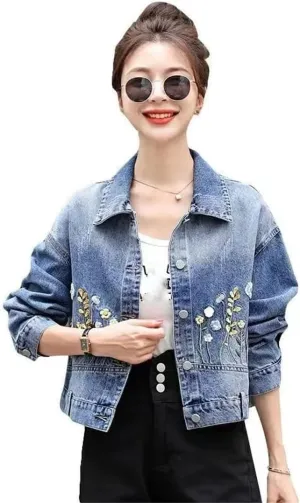 Women Denim Jacket Women Embroidered Denim Short Jacket Denim Coat Top