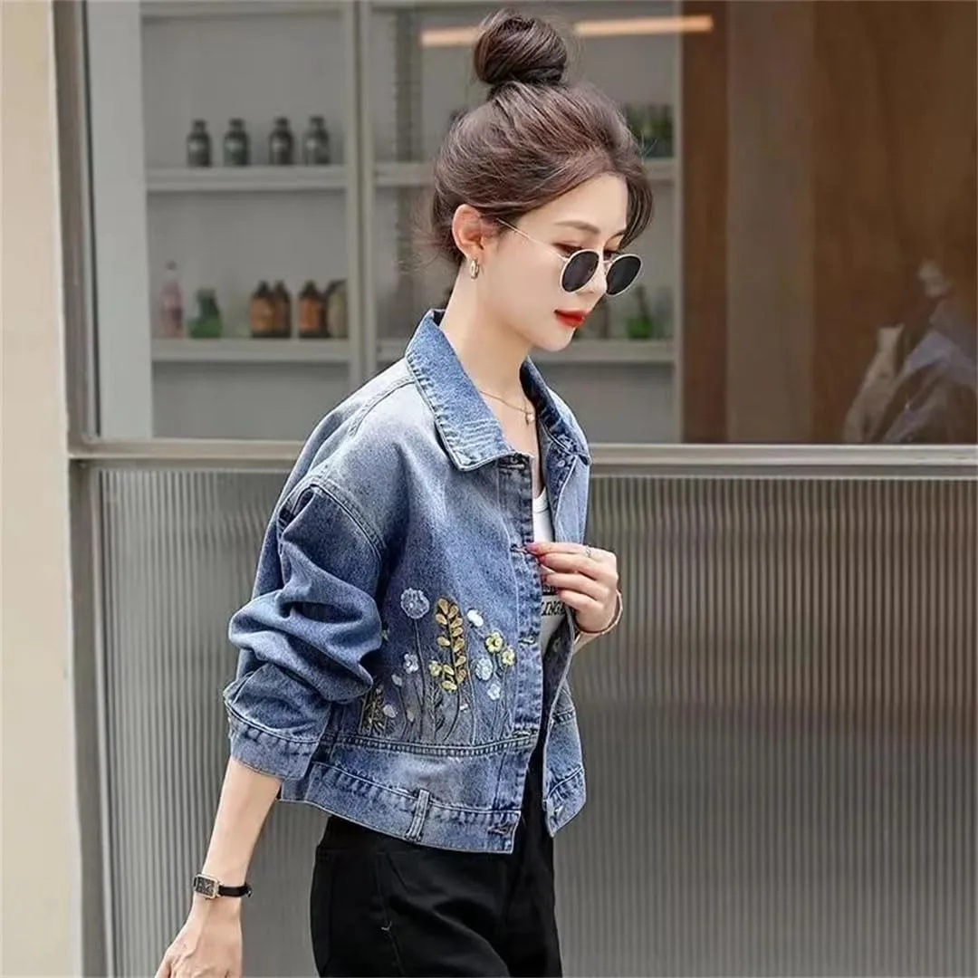 Women Denim Jacket Women Embroidered Denim Short Jacket Denim Coat Top