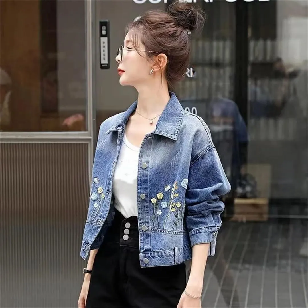 Women Denim Jacket Women Embroidered Denim Short Jacket Denim Coat Top