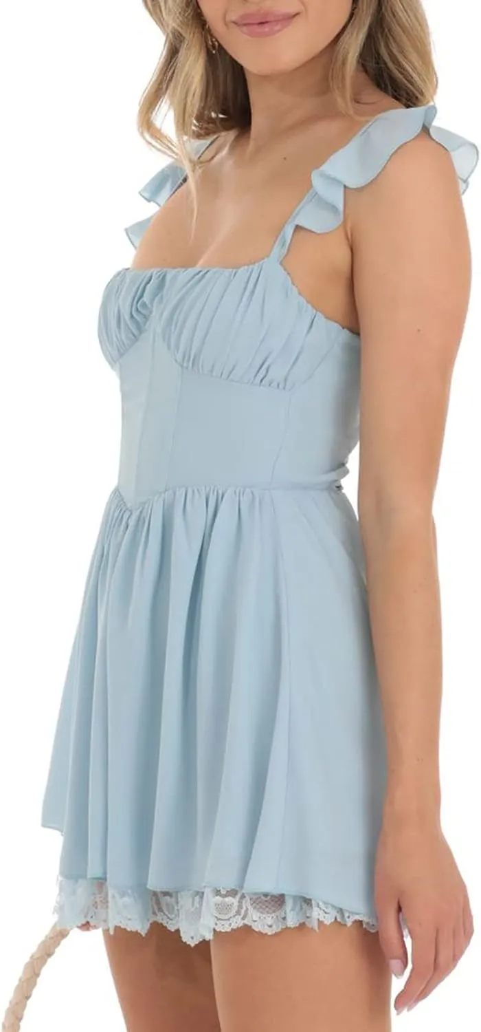 Women Fairy Vintage Lace Mini Dress Y2k Sleeveless Square Neck Ruffle Short Dress Cute Tie Back Party Dress