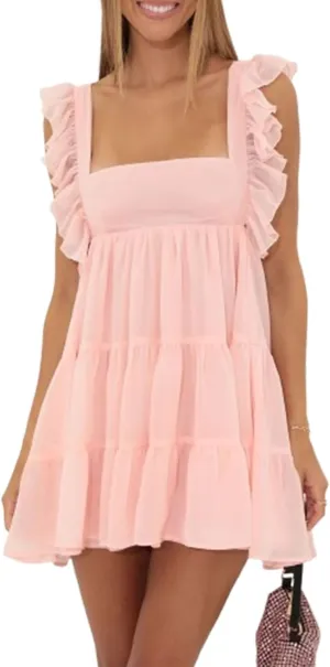 Women Fairy Vintage Lace Mini Dress Y2k Sleeveless Square Neck Ruffle Short Dress Cute Tie Back Party Dress