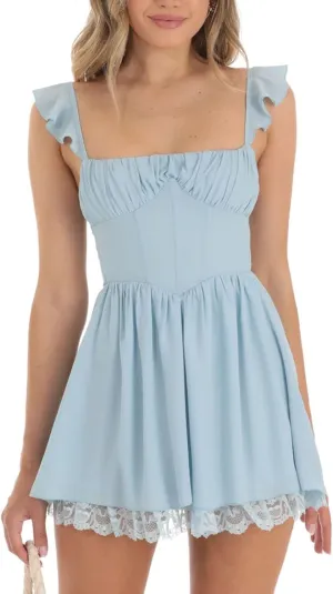 Women Fairy Vintage Lace Mini Dress Y2k Sleeveless Square Neck Ruffle Short Dress Cute Tie Back Party Dress