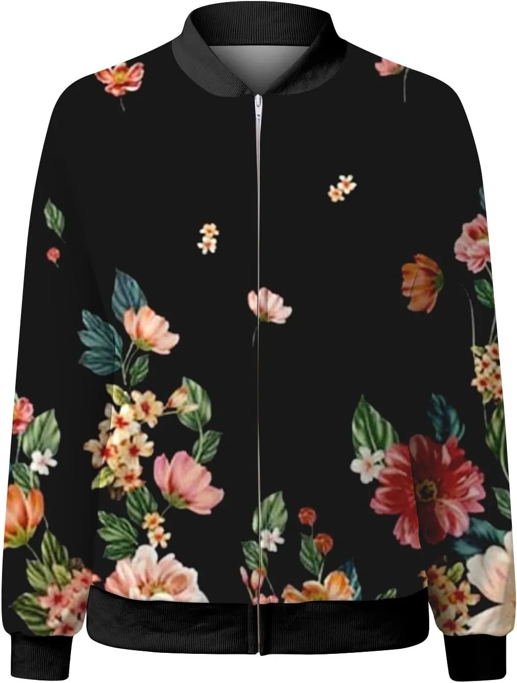 Women Fall Trendy Bomber Jacket Stand Collar Zip Up Windproof Floral Outerwears Long Sleeve Loose Casual Y2K Outwears