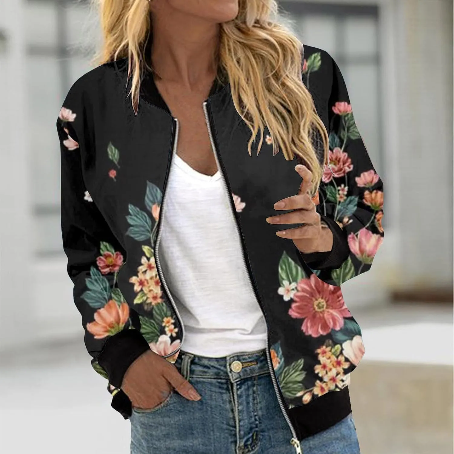 Women Fall Trendy Bomber Jacket Stand Collar Zip Up Windproof Floral Outerwears Long Sleeve Loose Casual Y2K Outwears