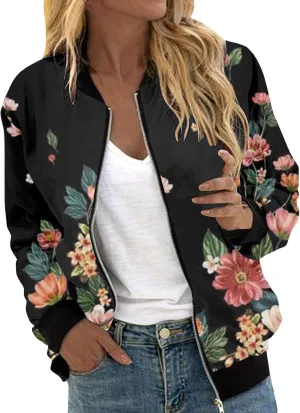 Women Fall Trendy Bomber Jacket Stand Collar Zip Up Windproof Floral Outerwears Long Sleeve Loose Casual Y2K Outwears