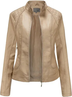 Women Faux Leather Casual Jacket Stand Collar Slim Fitting Zipper Fall Fashion Motorcycle Bike Coat Short Pu Outwear