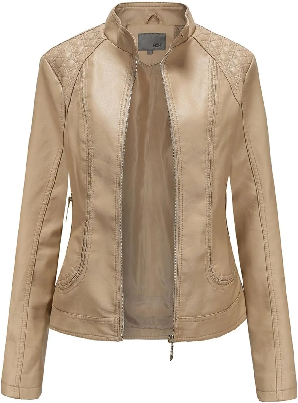 Women Faux Leather Casual Jacket Stand Collar Slim Fitting Zipper Fall Fashion Motorcycle Bike Coat Short Pu Outwear