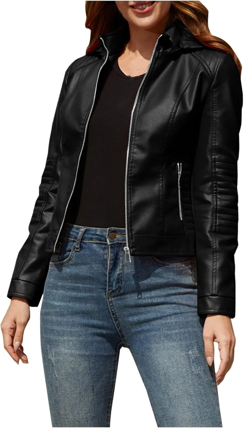 Women Faux Leather Jacket Zip Up Motorcycle Short PU Moto Biker Outwear Fitted Slim Coat Fashion Racer Cropped Jacket