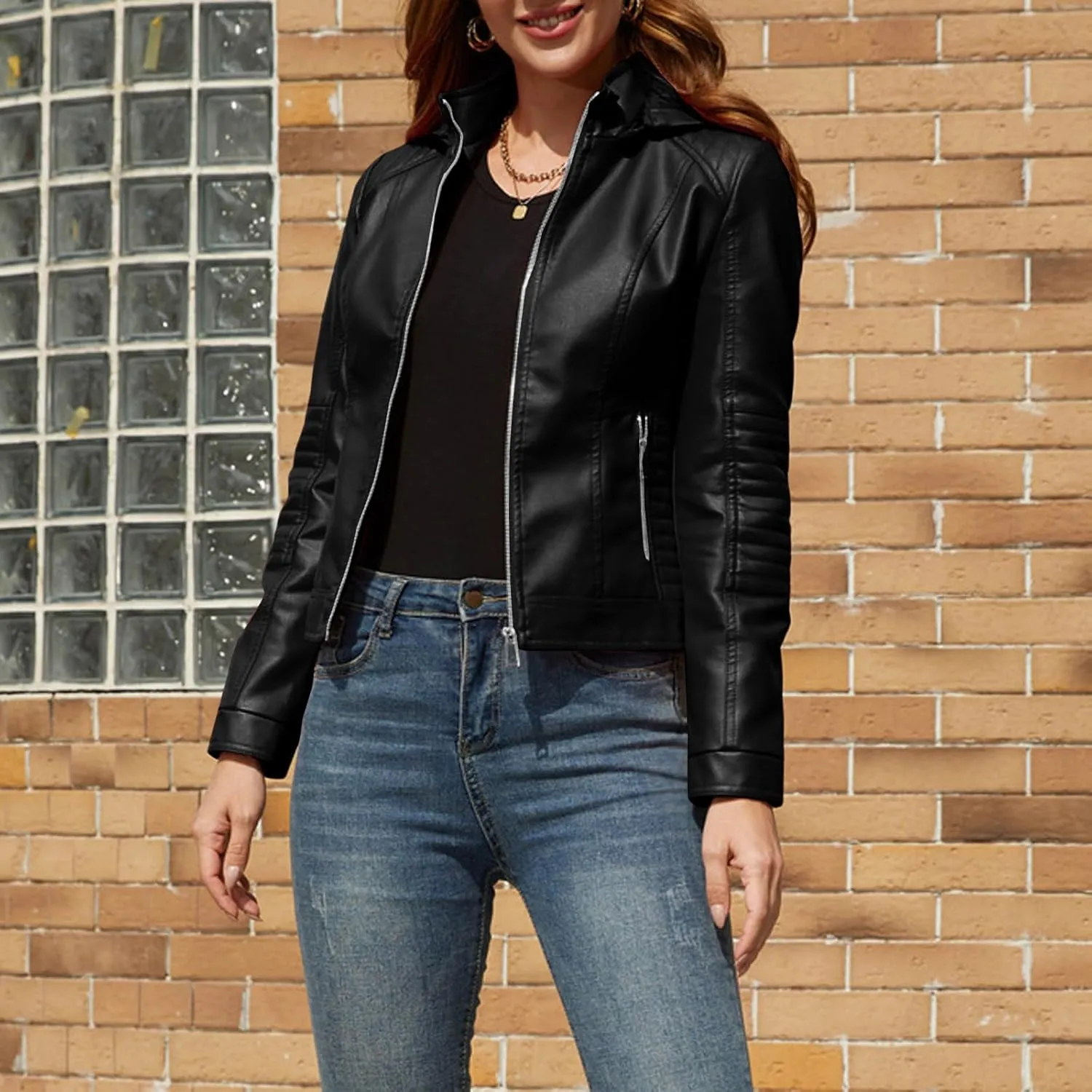 Women Faux Leather Jacket Zip Up Motorcycle Short PU Moto Biker Outwear Fitted Slim Coat Fashion Racer Cropped Jacket