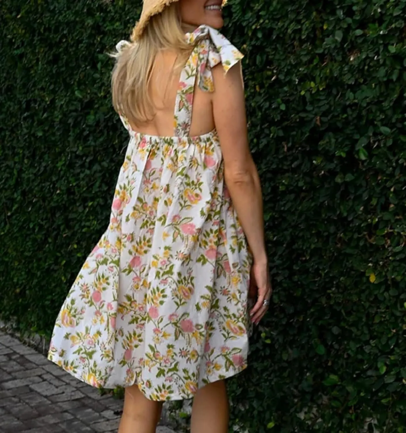 Women Floral Bow Tie Mini Dress Babydoll Sleeve Spaghetti Strap Ruffle Short Dress Y2k Flowy Sling Dress