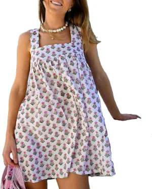 Women Floral Bow Tie Mini Dress Babydoll Sleeve Spaghetti Strap Ruffle Short Dress Y2k Flowy Sling Dress