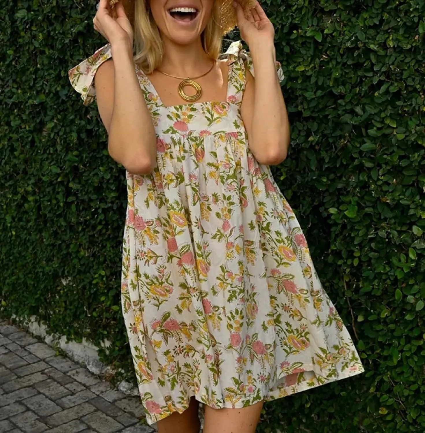 Women Floral Bow Tie Mini Dress Babydoll Sleeve Spaghetti Strap Ruffle Short Dress Y2k Flowy Sling Dress
