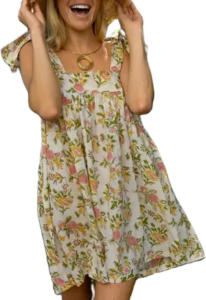 Women Floral Bow Tie Mini Dress Babydoll Sleeve Spaghetti Strap Ruffle Short Dress Y2k Flowy Sling Dress