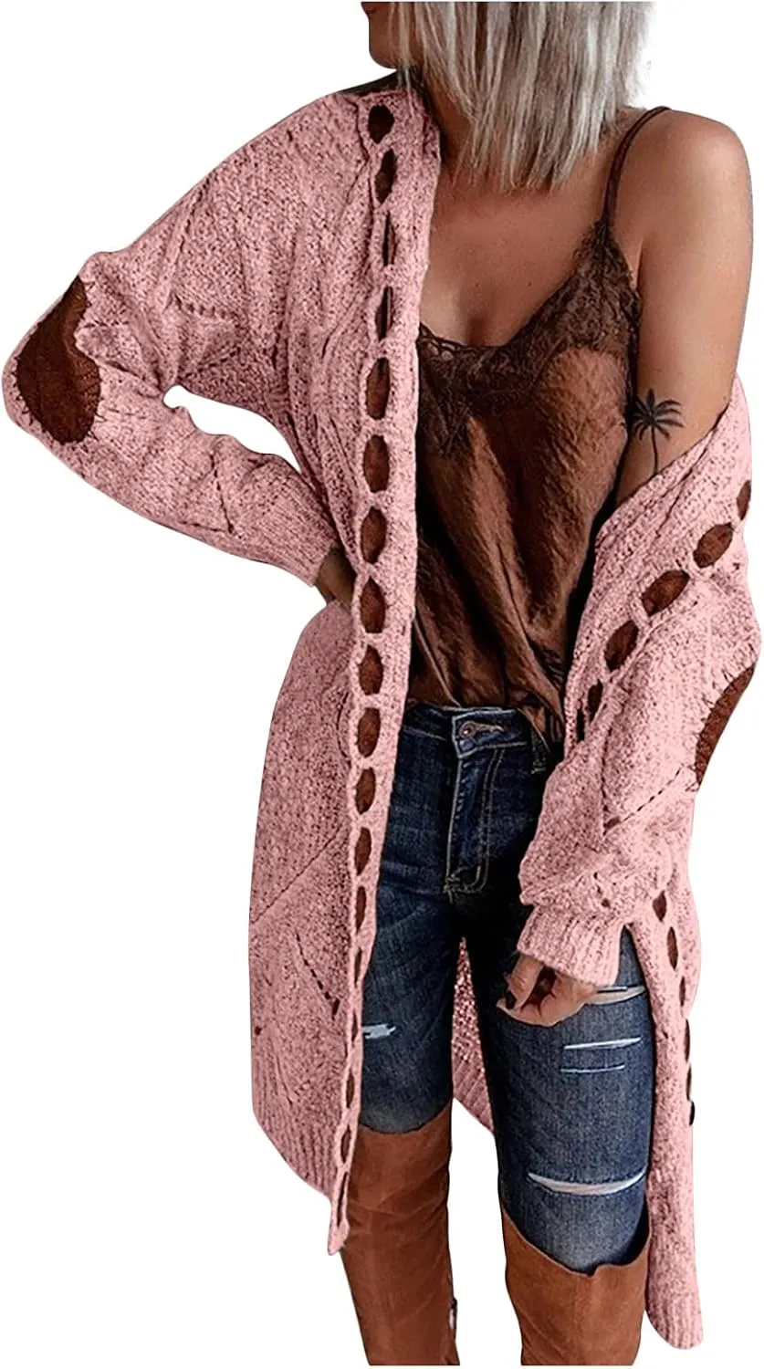 Women Hooded Open Front Cardigan Oversized Elbow Patch Long Sleeve Cable Knit Sweaters Chunky Long Sweater Coats