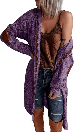 Women Hooded Open Front Cardigan Oversized Elbow Patch Long Sleeve Cable Knit Sweaters Chunky Long Sweater Coats