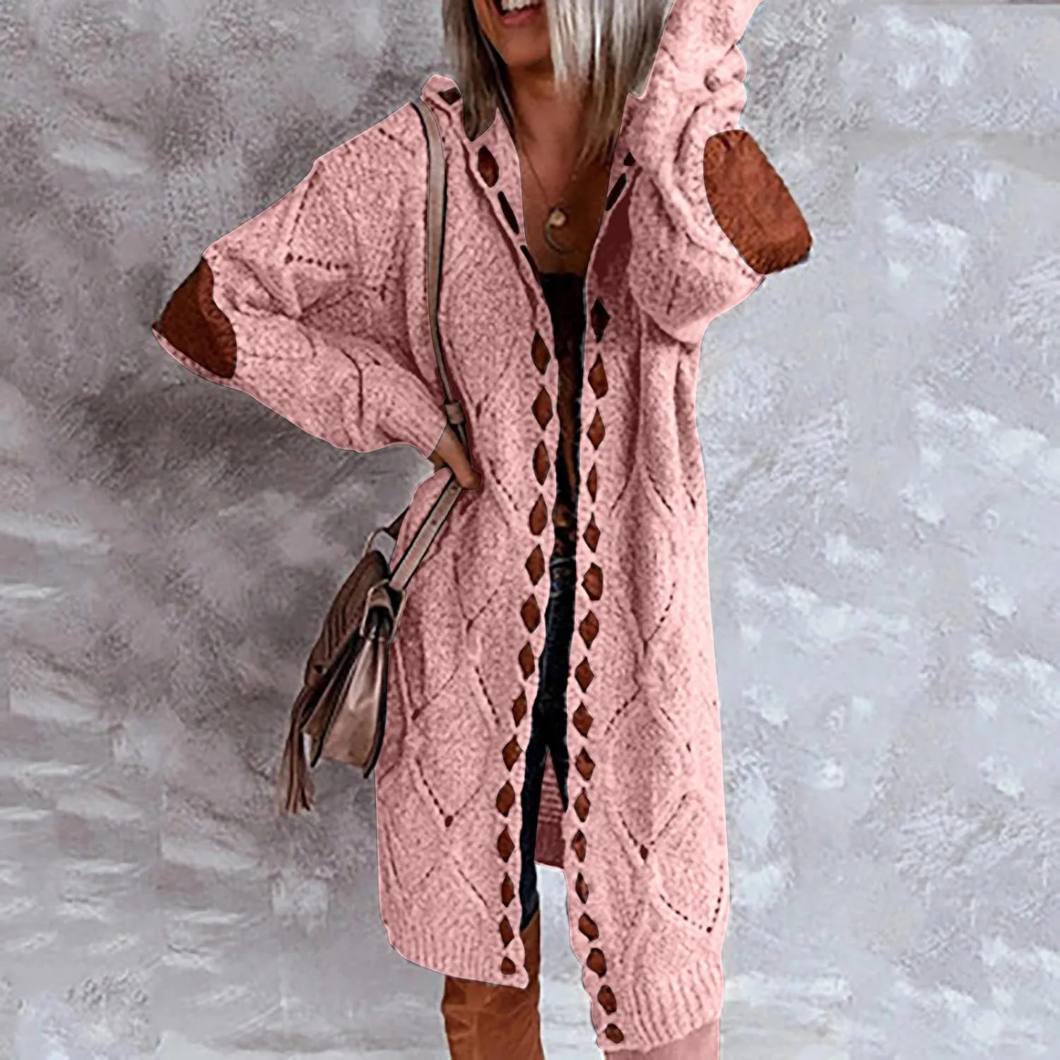 Women Hooded Open Front Cardigan Oversized Elbow Patch Long Sleeve Cable Knit Sweaters Chunky Long Sweater Coats