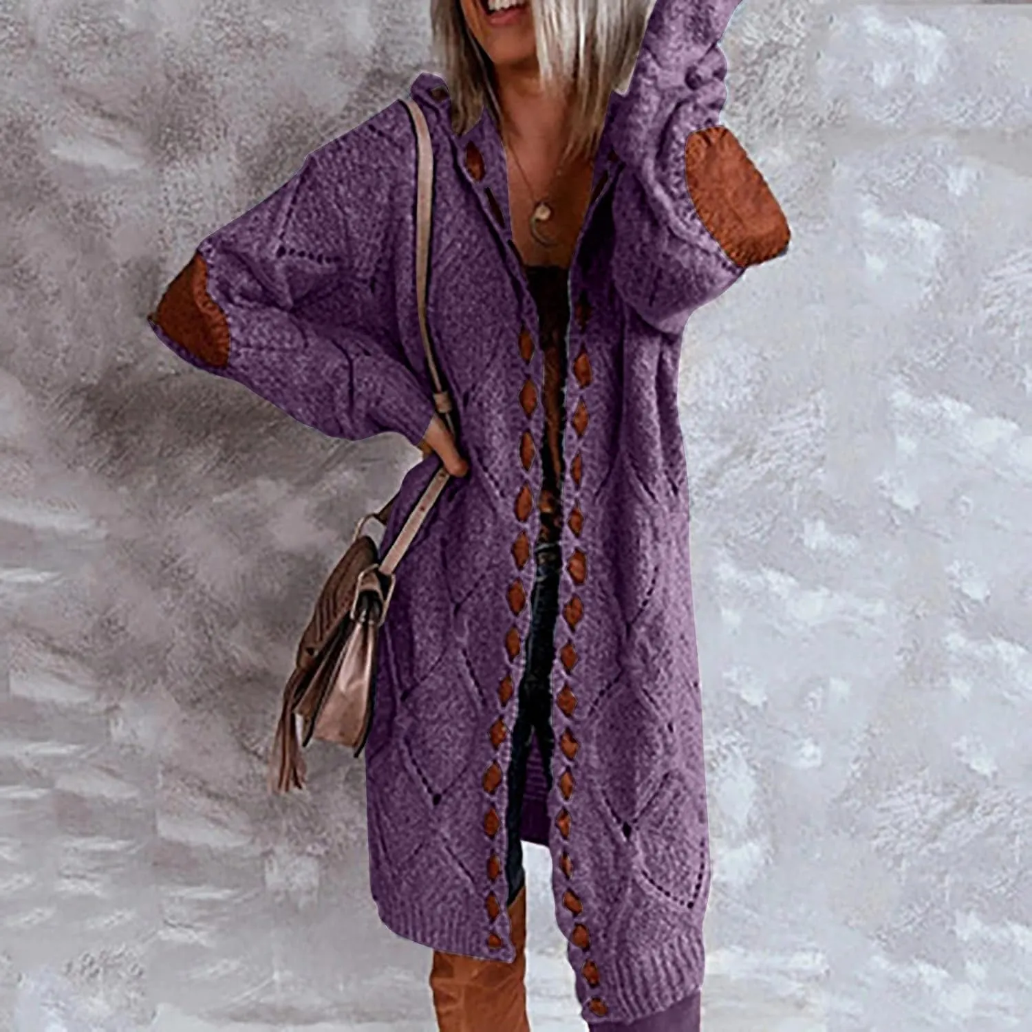 Women Hooded Open Front Cardigan Oversized Elbow Patch Long Sleeve Cable Knit Sweaters Chunky Long Sweater Coats
